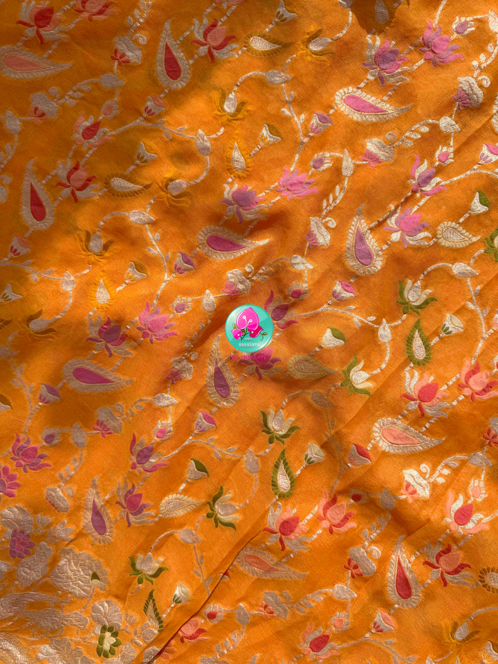 Luminous Citrus Grace & Parrot Green Splendor: Pure Banarasi Khaddi Georgette Orange Saree with Hand-Embroidered Tissue Raw Silk Blouse