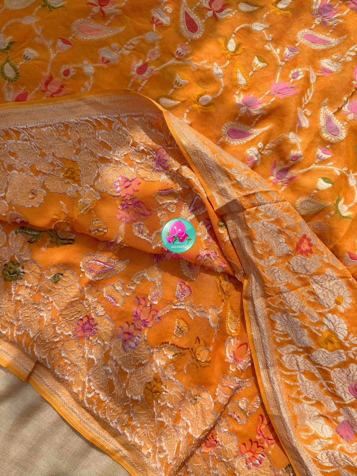 Luminous Citrus Grace & Parrot Green Splendor: Pure Banarasi Khaddi Georgette Orange Saree with Hand-Embroidered Tissue Raw Silk Blouse
