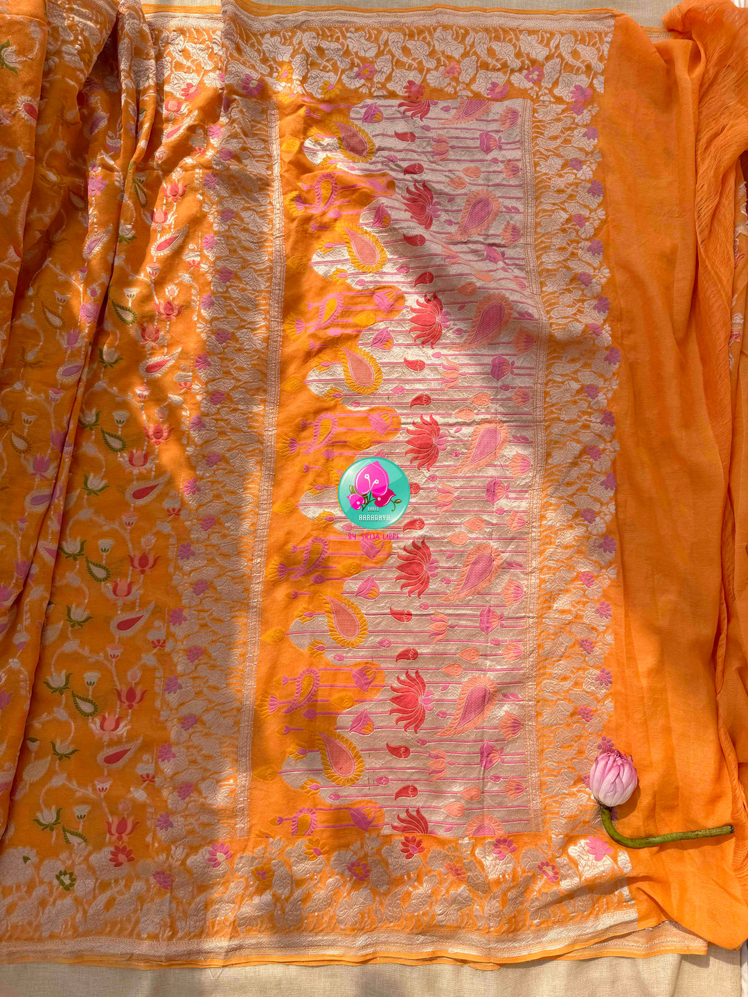 Luminous Citrus Grace & Parrot Green Splendor: Pure Banarasi Khaddi Georgette Orange Saree with Hand-Embroidered Tissue Raw Silk Blouse