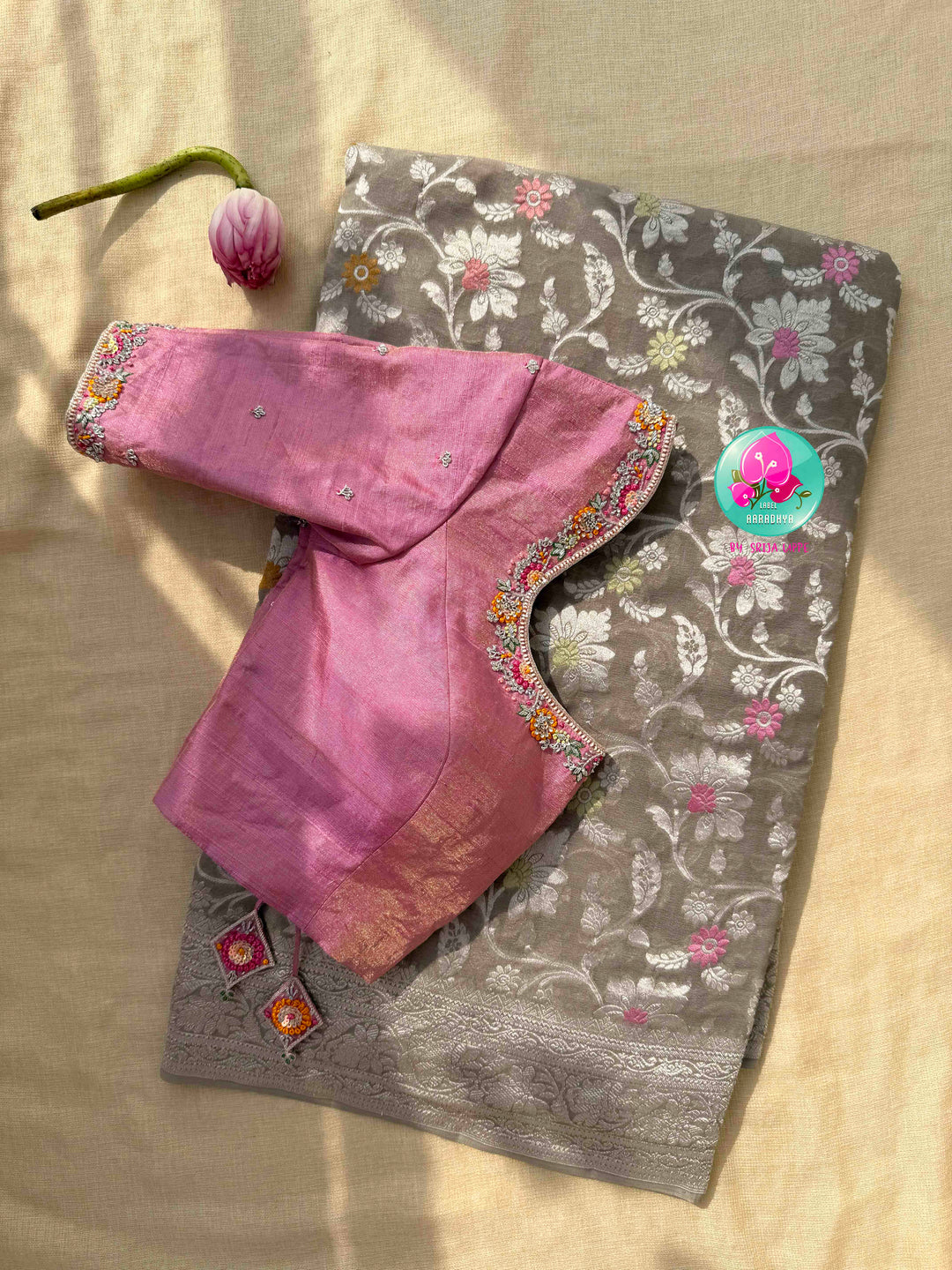 Ethereal Charcoal Sheen & Rose Quartz Splendor: Pure Banarasi Khaddi Georgette Grey Saree with Hand-Embroidered Pink Tissue Raw Silk Blouse