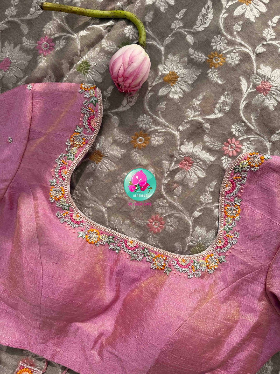 Ethereal Charcoal Sheen & Rose Quartz Splendor: Pure Banarasi Khaddi Georgette Grey Saree with Hand-Embroidered Pink Tissue Raw Silk Blouse