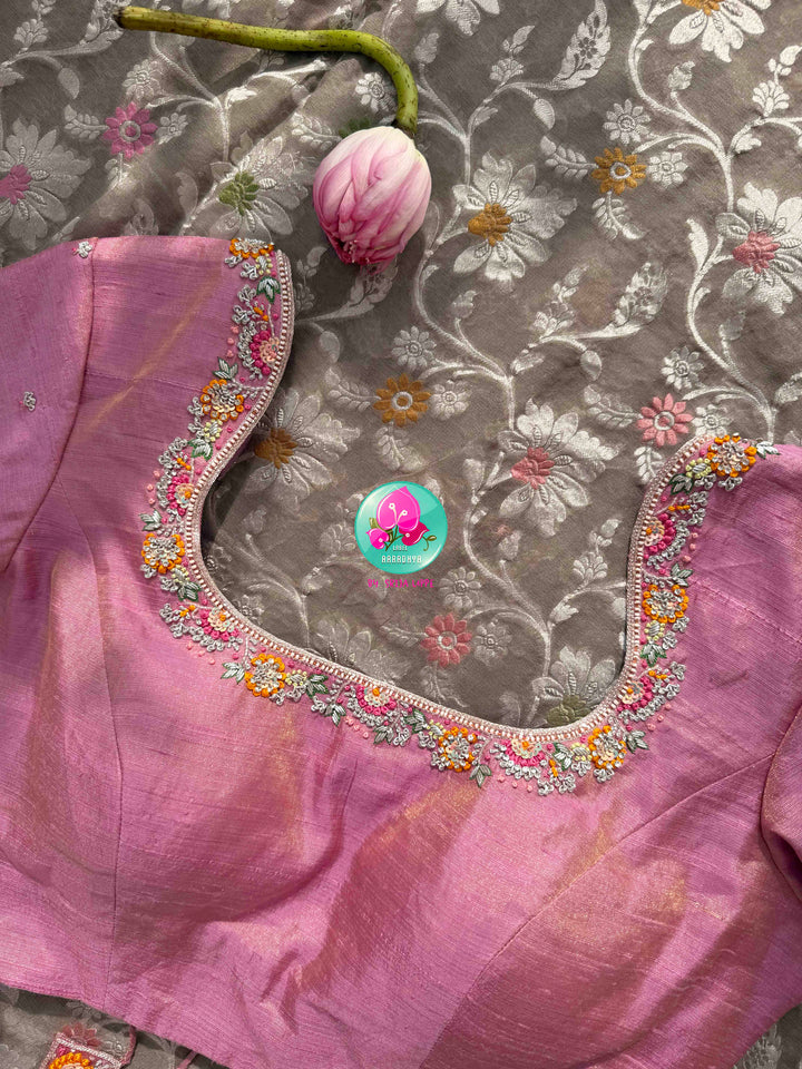Ethereal Charcoal Sheen & Rose Quartz Splendor: Pure Banarasi Khaddi Georgette Grey Saree with Hand-Embroidered Pink Tissue Raw Silk Blouse