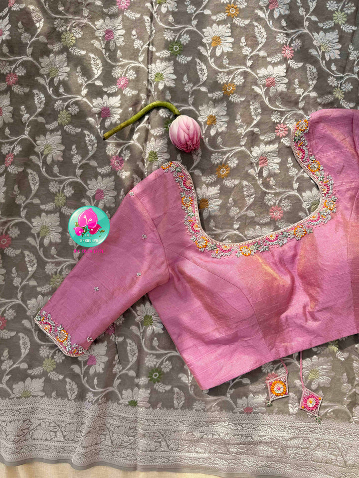 Ethereal Charcoal Sheen & Rose Quartz Splendor: Pure Banarasi Khaddi Georgette Grey Saree with Hand-Embroidered Pink Tissue Raw Silk Blouse