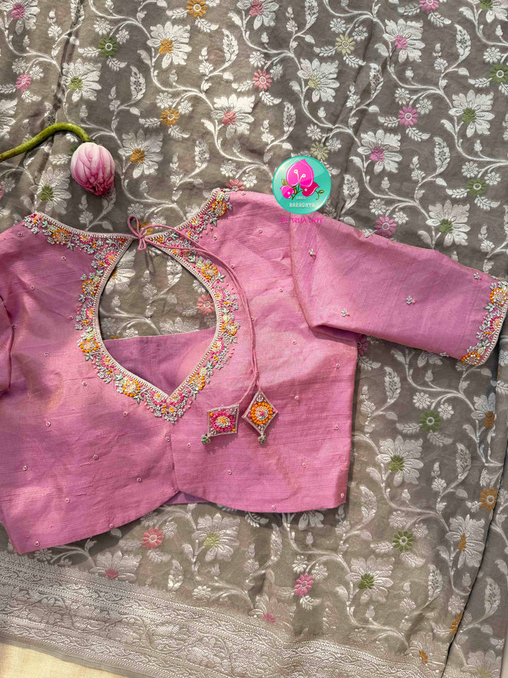 Ethereal Charcoal Sheen & Rose Quartz Splendor: Pure Banarasi Khaddi Georgette Grey Saree with Hand-Embroidered Pink Tissue Raw Silk Blouse