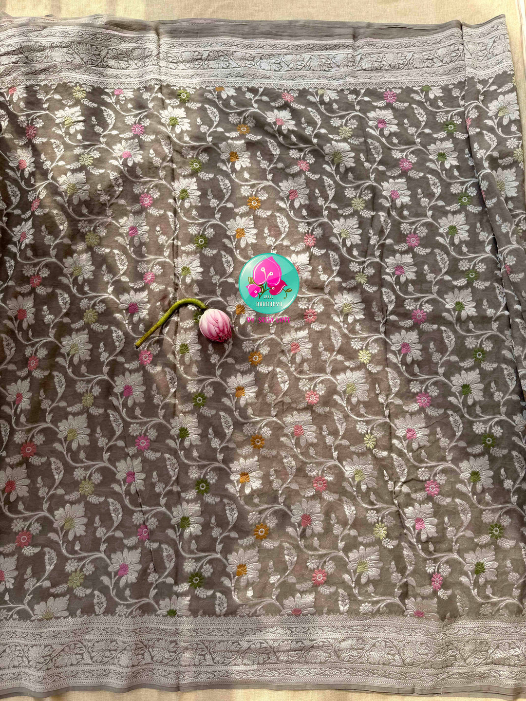 Ethereal Charcoal Sheen & Rose Quartz Splendor: Pure Banarasi Khaddi Georgette Grey Saree with Hand-Embroidered Pink Tissue Raw Silk Blouse
