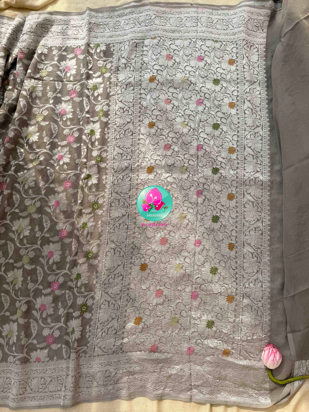 Ethereal Charcoal Sheen & Rose Quartz Splendor: Pure Banarasi Khaddi Georgette Grey Saree with Hand-Embroidered Pink Tissue Raw Silk Blouse