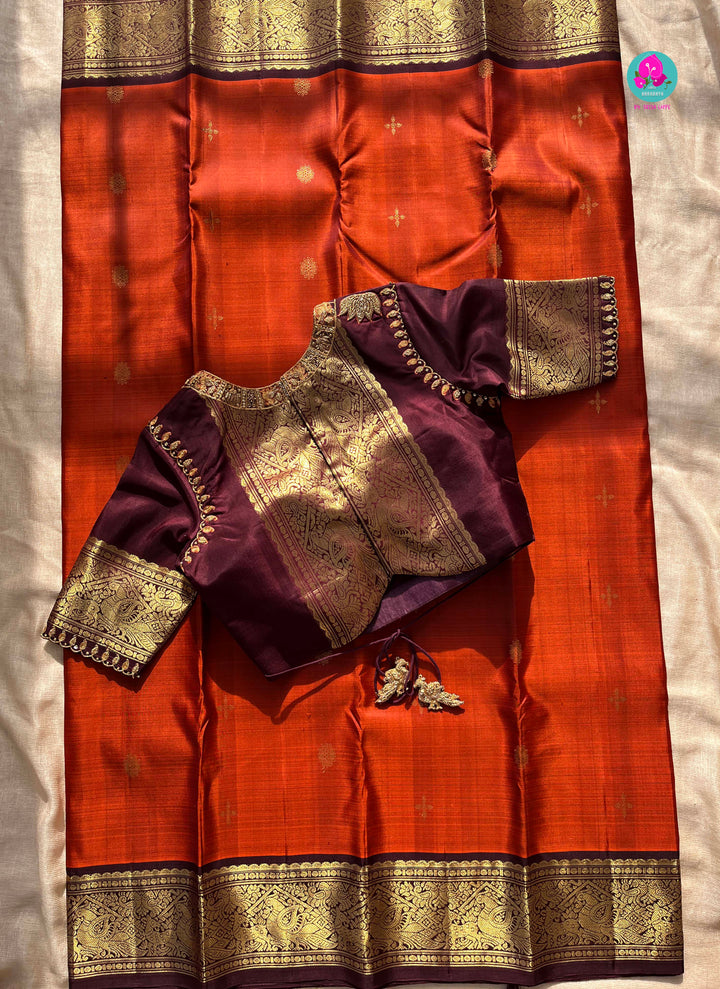 Pure 2g zari Kanchipattu saree with hand embroidered blouse