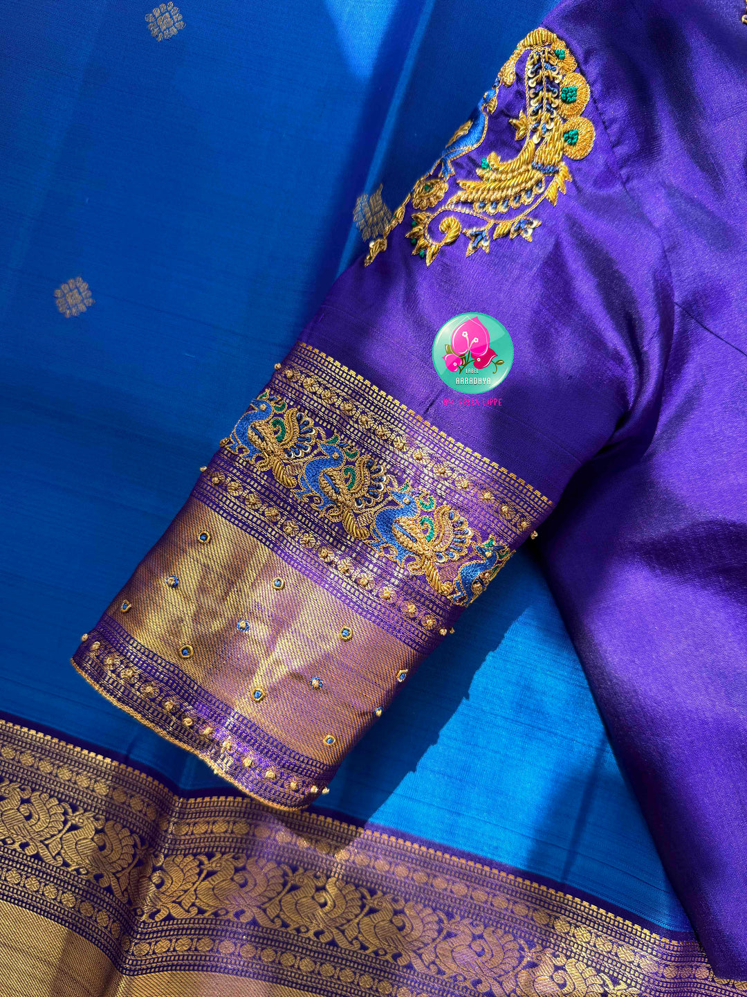 Regal Sapphire & Deep Indigo Elegance: Pure Sky-Blue Kanchipattu Saree with Deep Navy-Purple Border & Intricate Hand-Embroidered Maggam Blouse