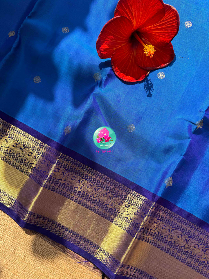 Regal Sapphire & Deep Indigo Elegance: Pure Sky-Blue Kanchipattu Saree with Deep Navy-Purple Border & Intricate Hand-Embroidered Maggam Blouse