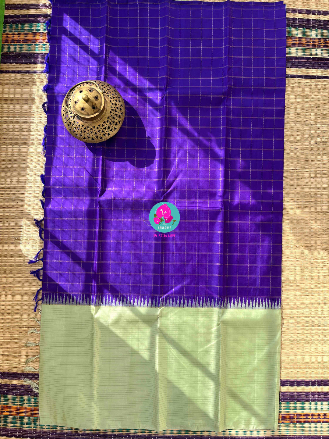 The Royal Jewel: Checkered Blue-Violet Silk Saree Paired with Hand-Embroidered Bird Blouse