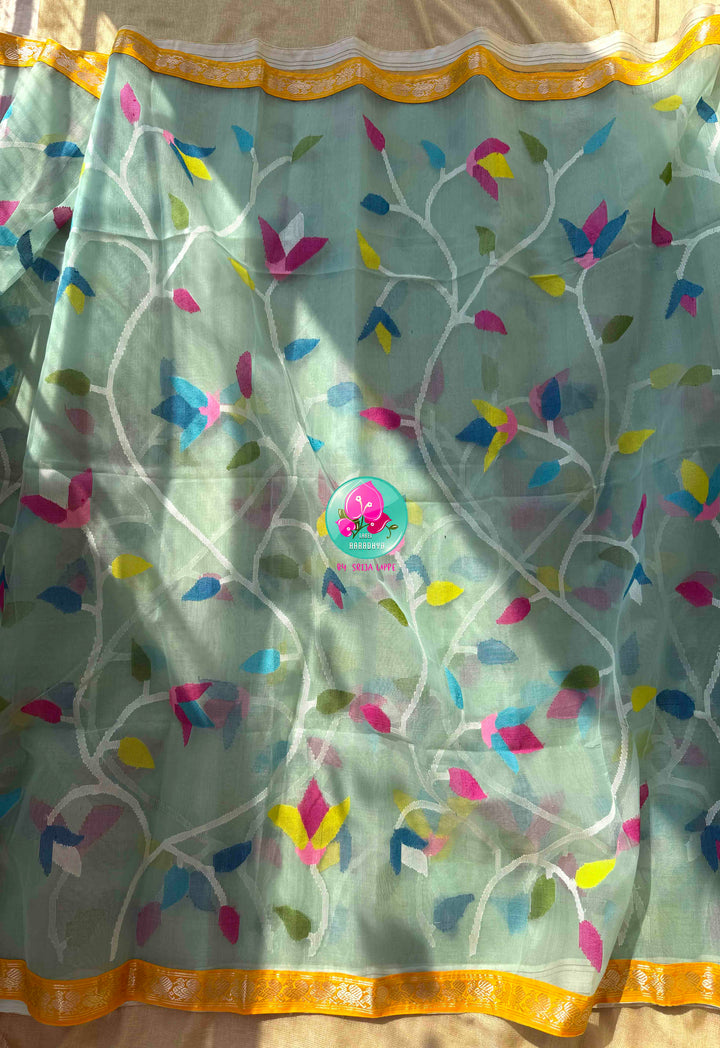 Ethereal Sheer Artistry: Powder Blue Jamdani-Kanchi Organza Silk Saree with Sunburst Mustard Raw Silk Blouse