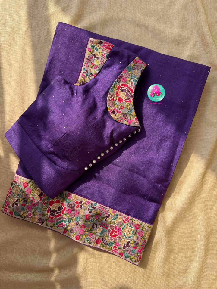 Regal Amethyst & Vintage Charm: Pure Purple Tussar Silk Saree with Hand Mukaish Work & Floral Peter Pan Collar Blouse