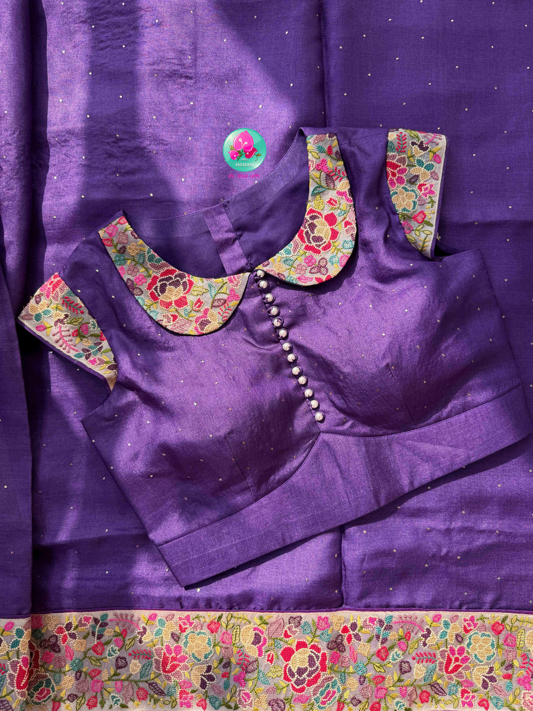 Regal Amethyst & Vintage Charm: Pure Purple Tussar Silk Saree with Hand Mukaish Work & Floral Peter Pan Collar Blouse