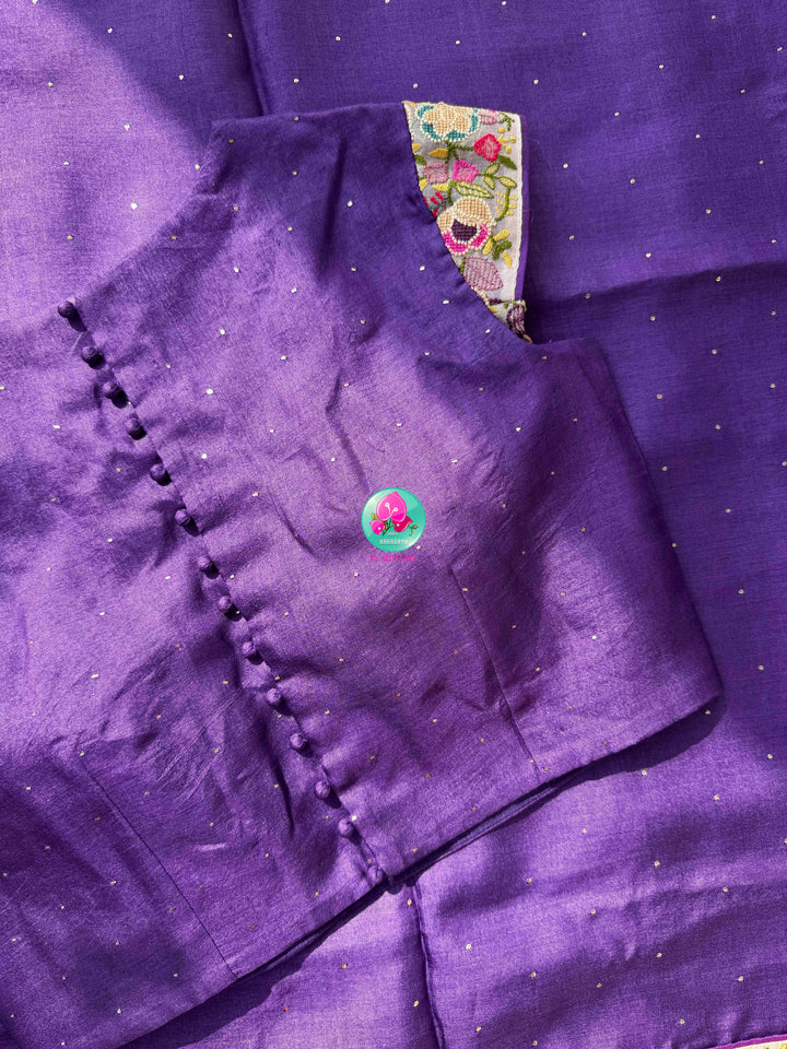Regal Amethyst & Vintage Charm: Pure Purple Tussar Silk Saree with Hand Mukaish Work & Floral Peter Pan Collar Blouse