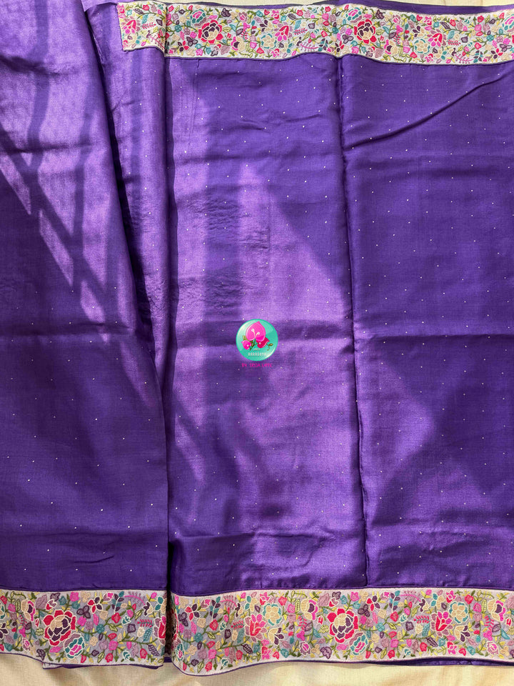 Regal Amethyst & Vintage Charm: Pure Purple Tussar Silk Saree with Hand Mukaish Work & Floral Peter Pan Collar Blouse