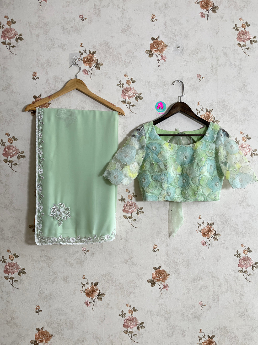 Pastel Green Embellished Net Fashion Blouse