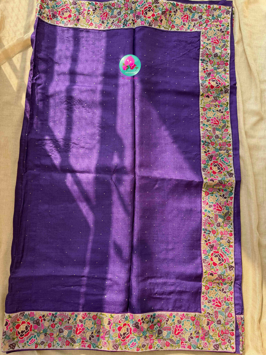 Regal Amethyst & Vintage Charm: Pure Purple Tussar Silk Saree with Hand Mukaish Work & Floral Peter Pan Collar Blouse
