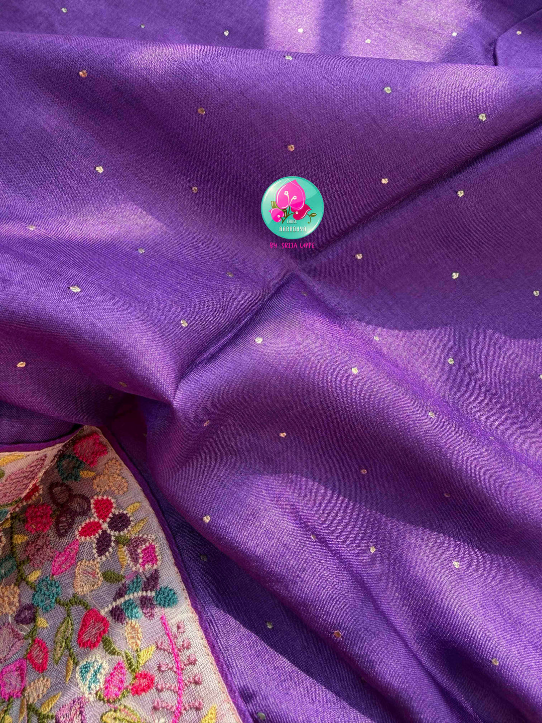 Regal Amethyst & Vintage Charm: Pure Purple Tussar Silk Saree with Hand Mukaish Work & Floral Peter Pan Collar Blouse