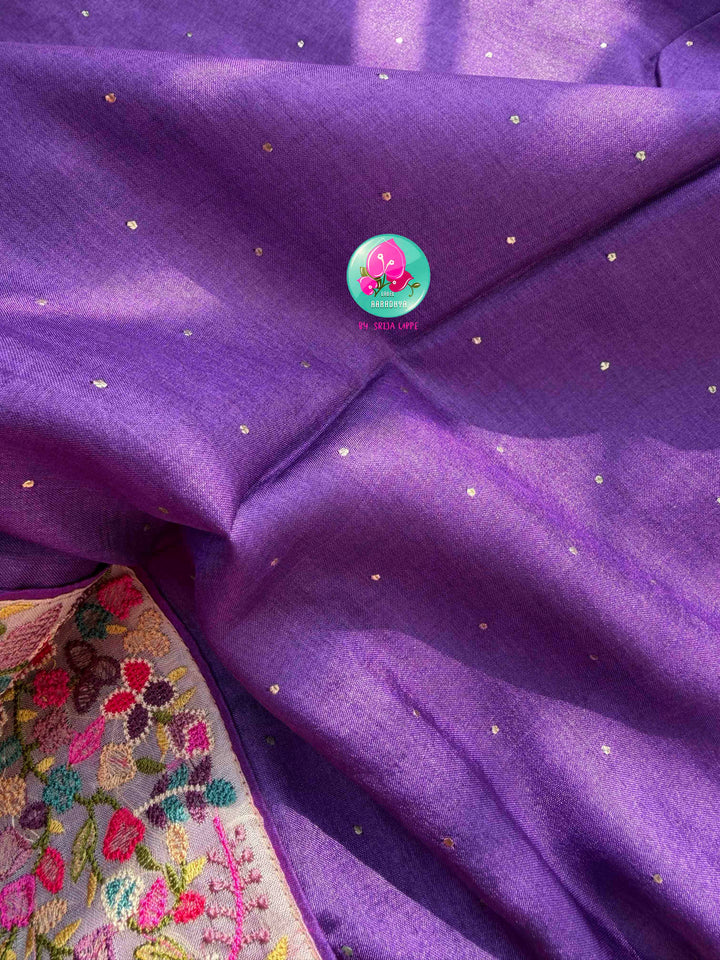 Regal Amethyst & Vintage Charm: Pure Purple Tussar Silk Saree with Hand Mukaish Work & Floral Peter Pan Collar Blouse