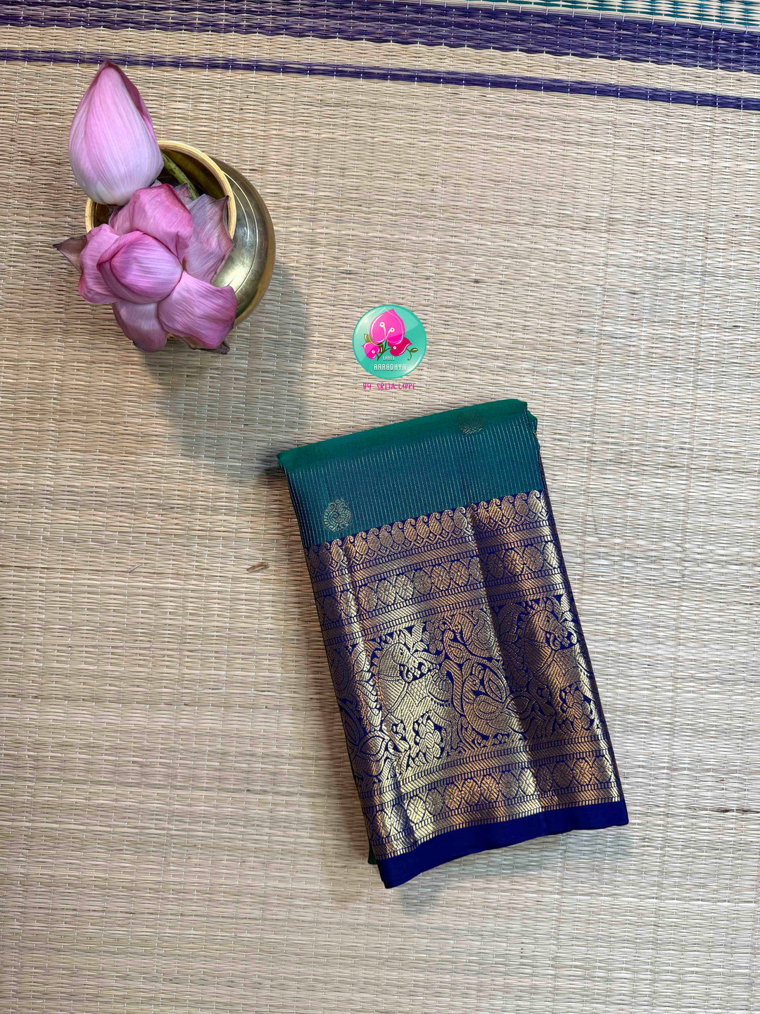 Gilded Peacock: Peacock Green Vaira Oosi Kanchipattu with Royal Blue Big Border