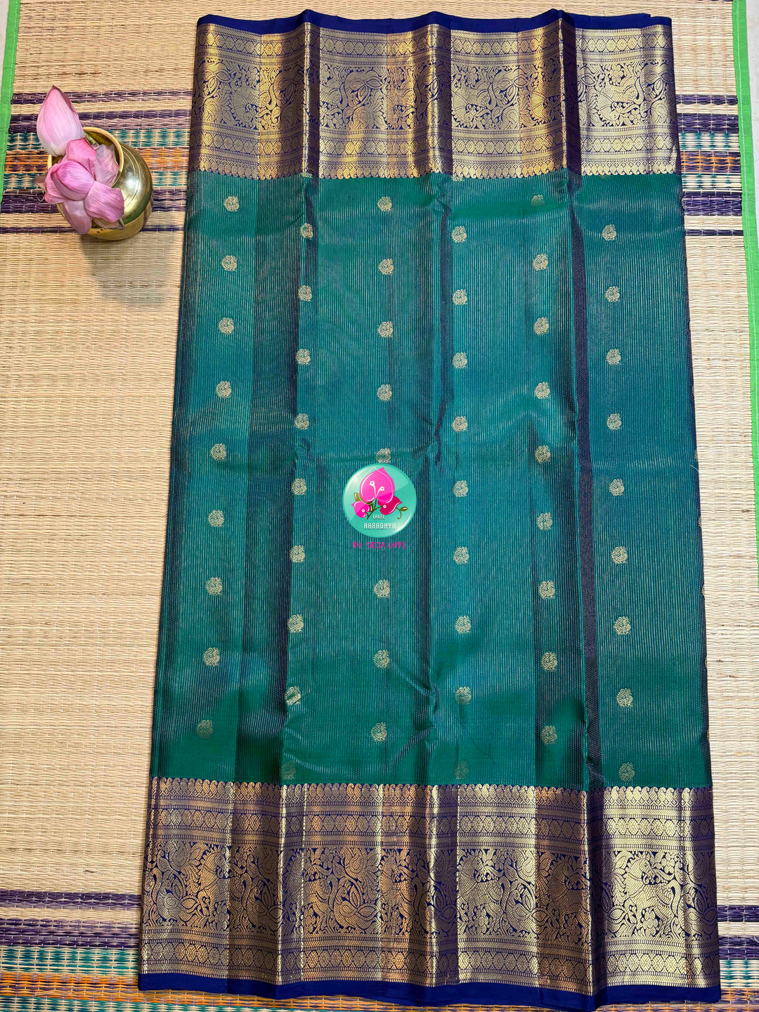 Gilded Peacock: Peacock Green Vaira Oosi Kanchipattu with Royal Blue Big Border