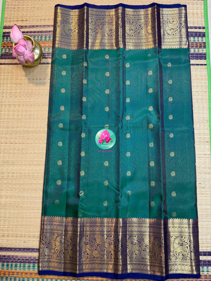 Gilded Peacock: Peacock Green Vaira Oosi Kanchipattu with Royal Blue Big Border