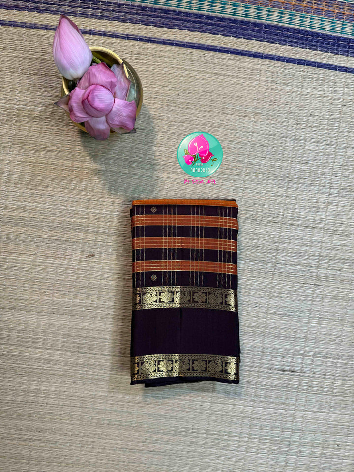 Autumn Embers: Trending Rust Orange Kanchipattu Saree with Earthen Brown Majesty
