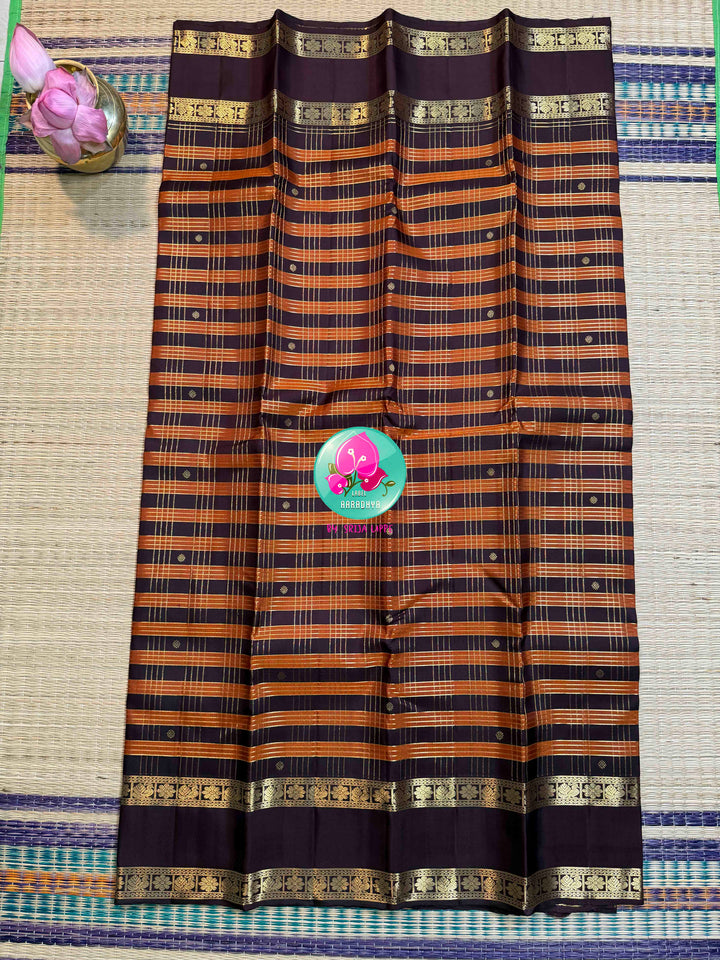 Autumn Embers: Trending Rust Orange Kanchipattu Saree with Earthen Brown Majesty