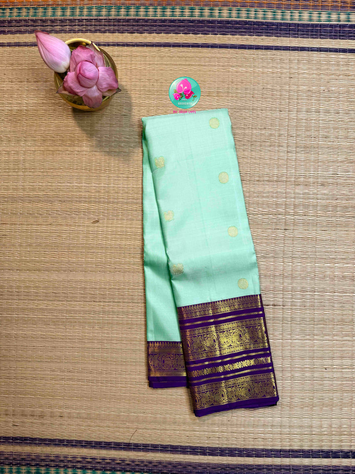 Seafoam Serenity & Amethyst Majesty: Pastel Sea Green Kanchipattu with Royal Purple
