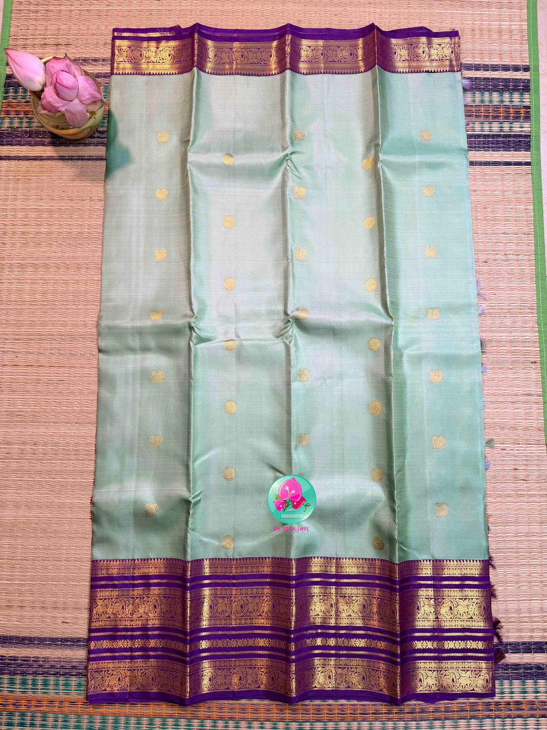 Seafoam Serenity & Amethyst Majesty: Pastel Sea Green Kanchipattu with Royal Purple