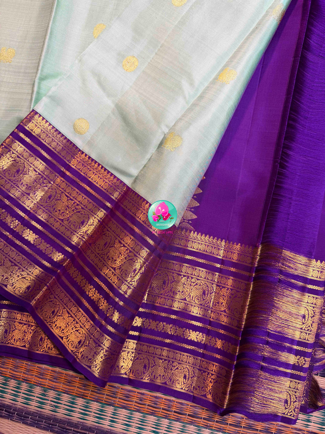Seafoam Serenity & Amethyst Majesty: Pastel Sea Green Kanchipattu with Royal Purple