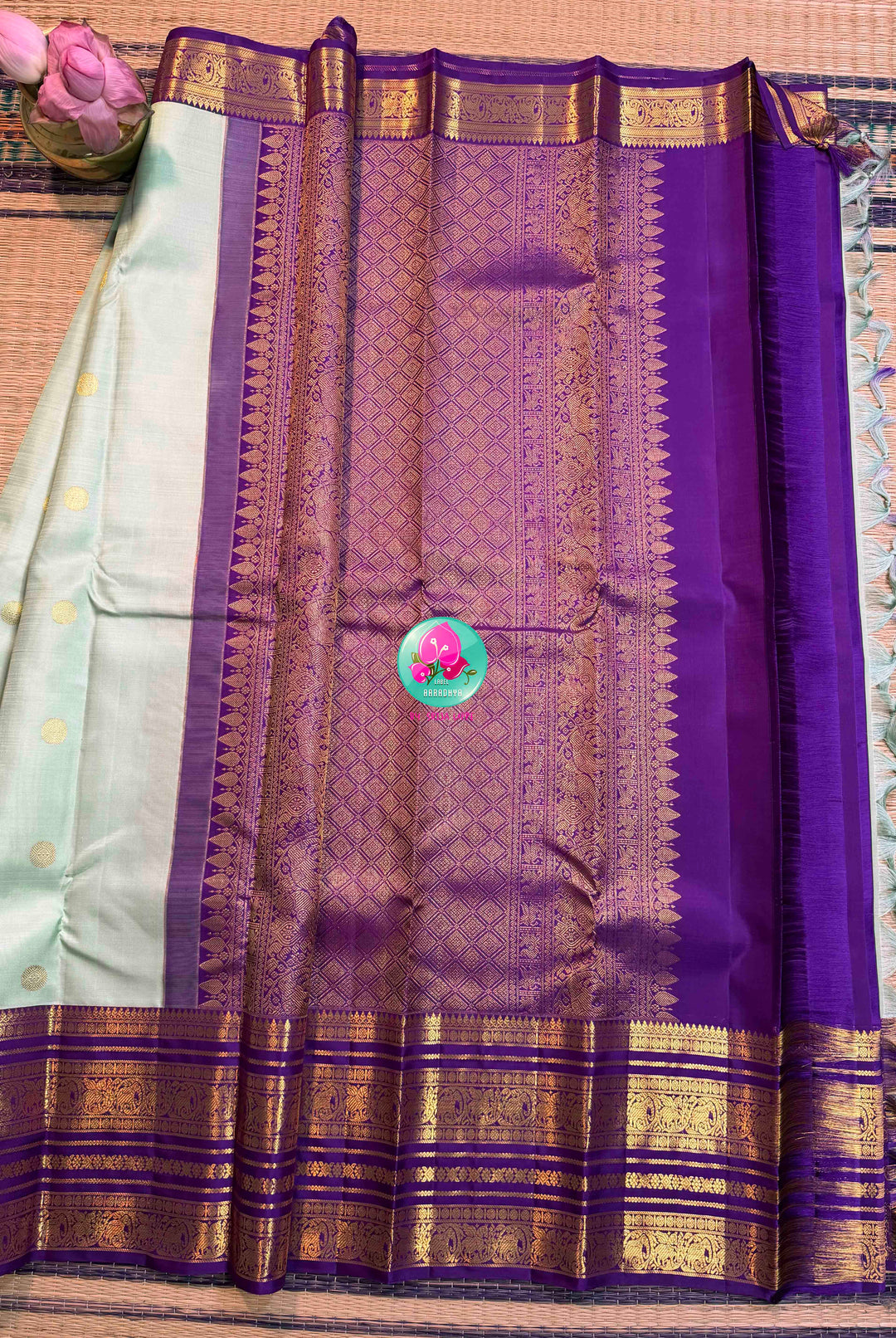 Seafoam Serenity & Amethyst Majesty: Pastel Sea Green Kanchipattu with Royal Purple