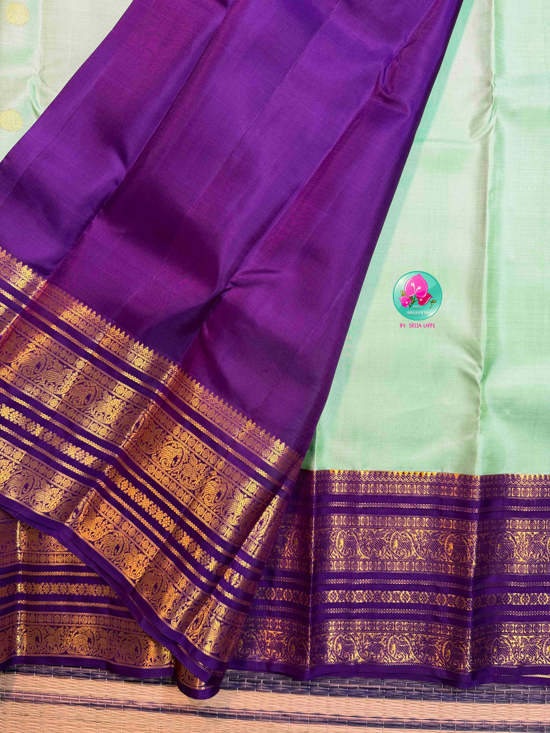 Seafoam Serenity & Amethyst Majesty: Pastel Sea Green Kanchipattu with Royal Purple
