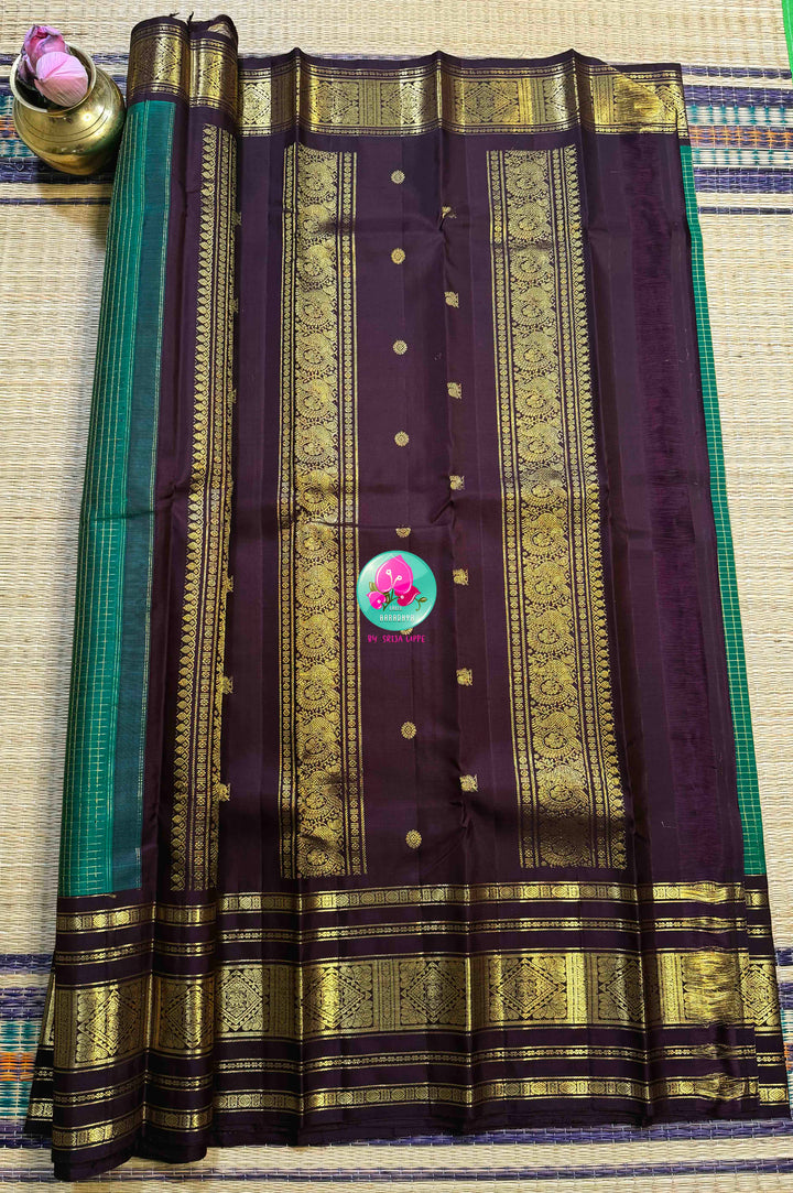 Emerald Earth: 2G Pure Kanchipattu Saree in a Classy Forest & Cocoa Symphony
