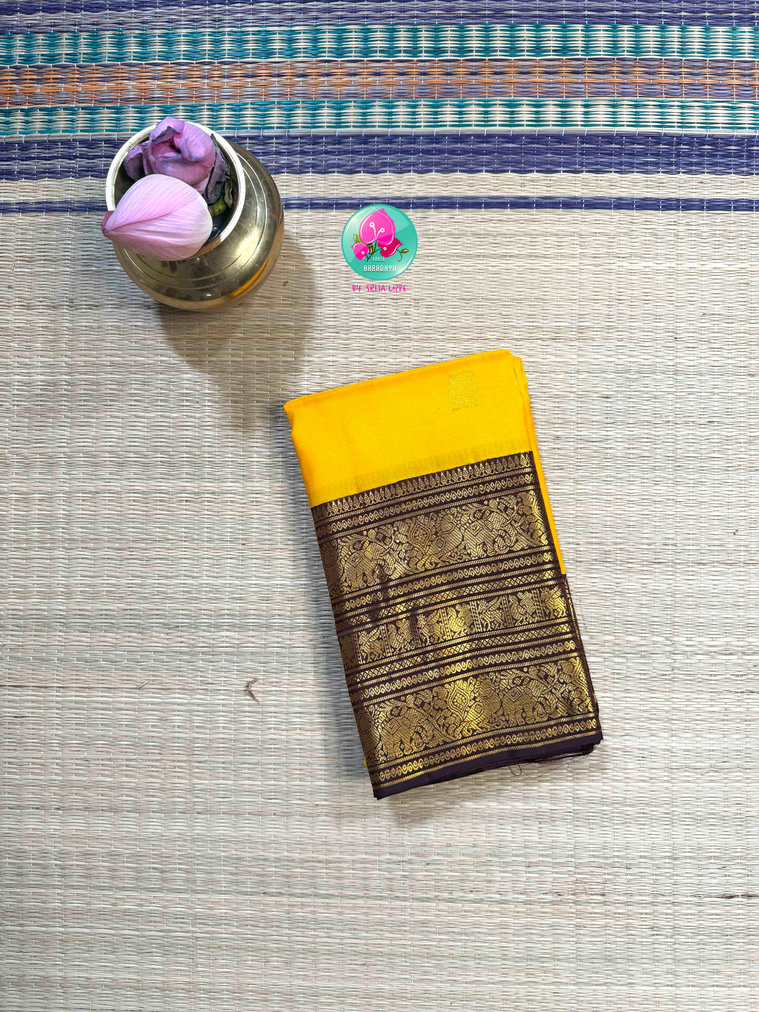The Gilded Sun: Yellow 2G Pure Kanchipattu Saree with Earthen Brown & Sacred Motifs