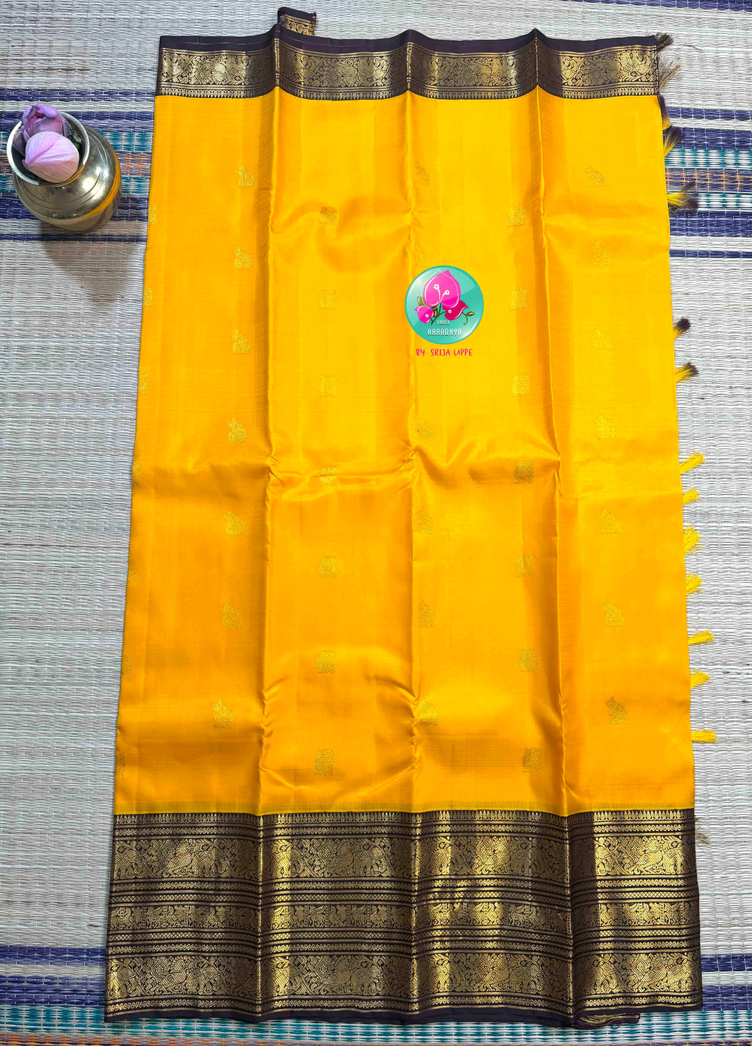 The Gilded Sun: Yellow 2G Pure Kanchipattu Saree with Earthen Brown & Sacred Motifs