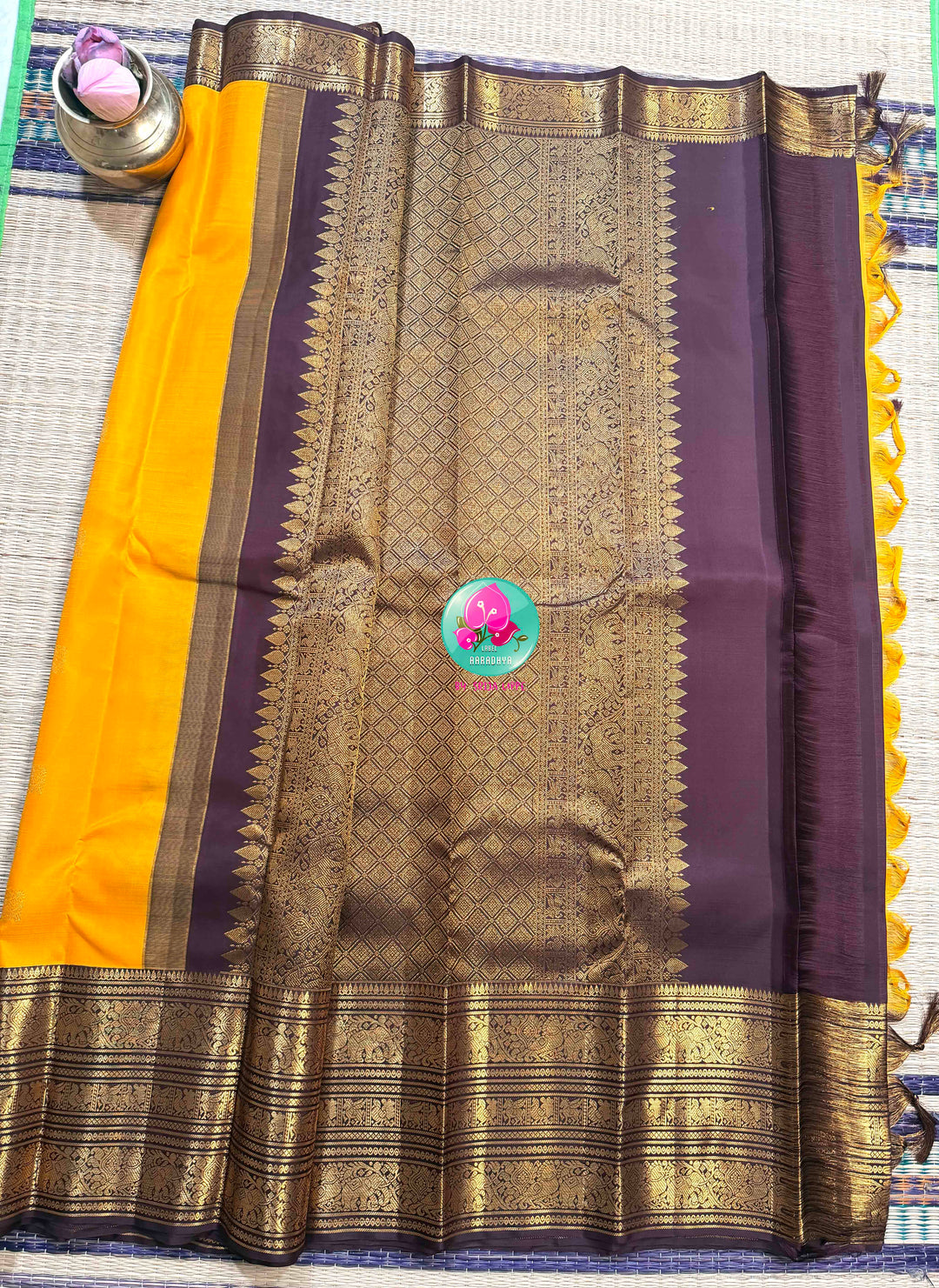 The Gilded Sun: Yellow 2G Pure Kanchipattu Saree with Earthen Brown & Sacred Motifs