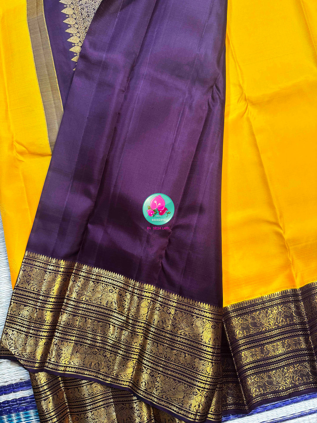 The Gilded Sun: Yellow 2G Pure Kanchipattu Saree with Earthen Brown & Sacred Motifs
