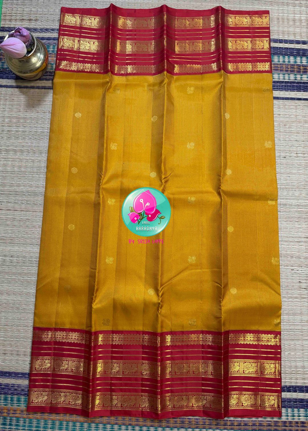 The Sacred Spark: Mustard Vaira Oosi Kanchipattu Saree with Grand Crimson Borders
