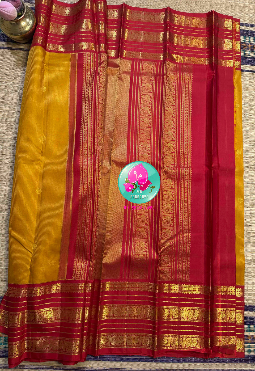 The Sacred Spark: Mustard Vaira Oosi Kanchipattu Saree with Grand Crimson Borders