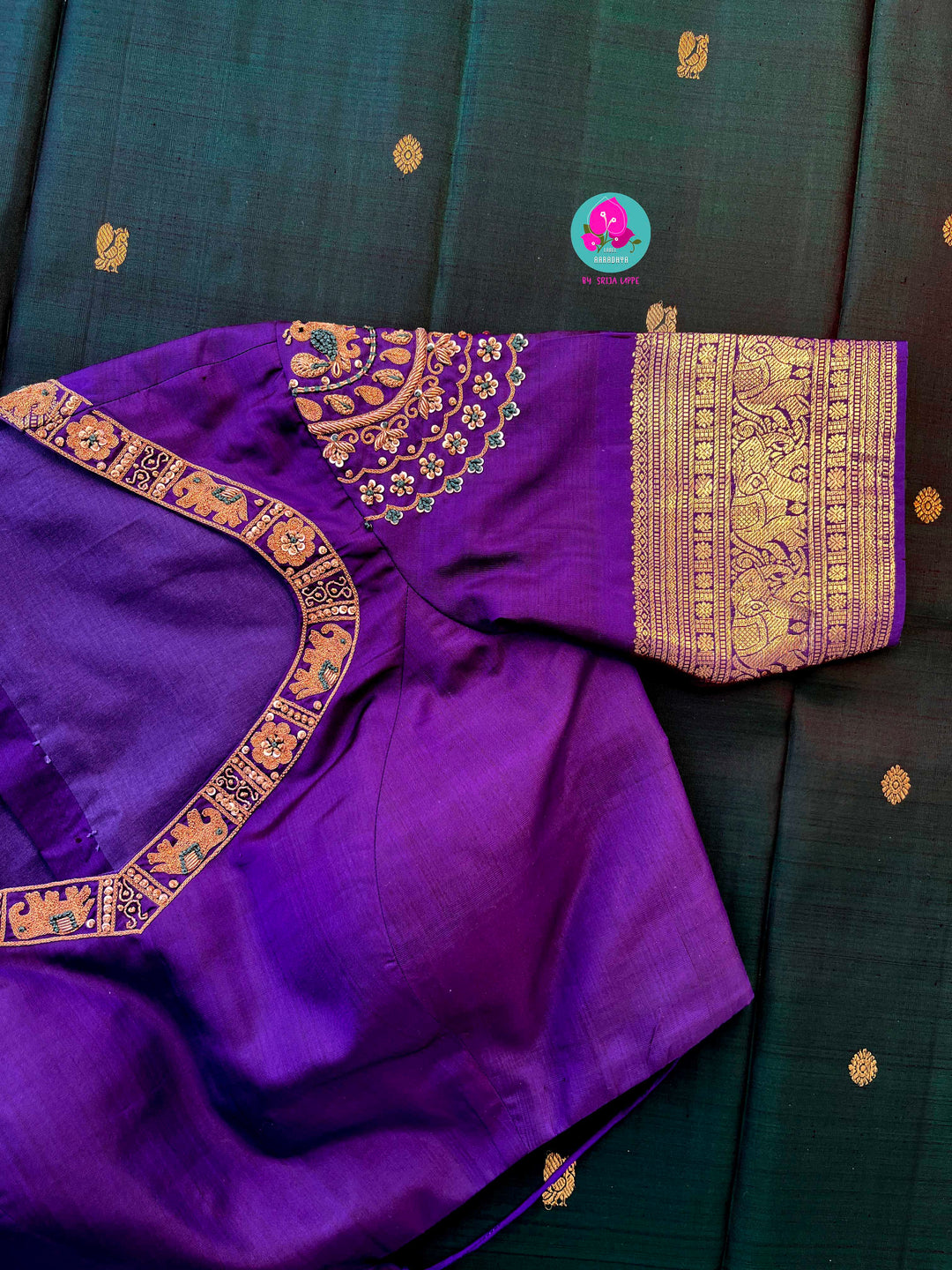 Vintage classic Kanchipattu saree in beautiful bottle green and purple Paired with hand embroidered blouse