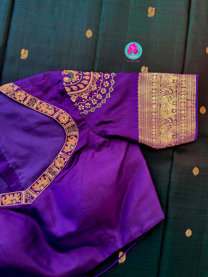 Vintage classic Kanchipattu saree in beautiful bottle green and purple Paired with hand embroidered blouse
