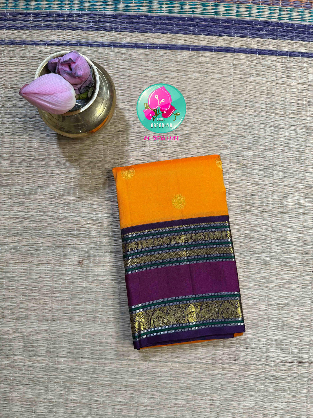 The Sovereign Sun: Saffron Orange pure 2G Kanchipattu Saree with Imperial Lion Pallu