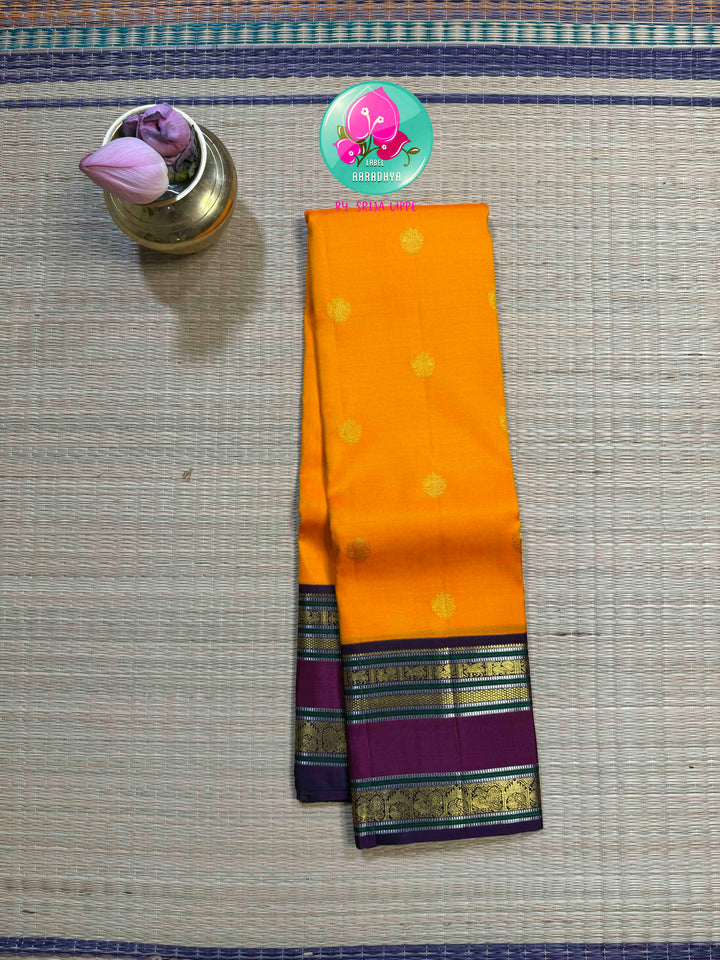 The Sovereign Sun: Saffron Orange pure 2G Kanchipattu Saree with Imperial Lion Pallu