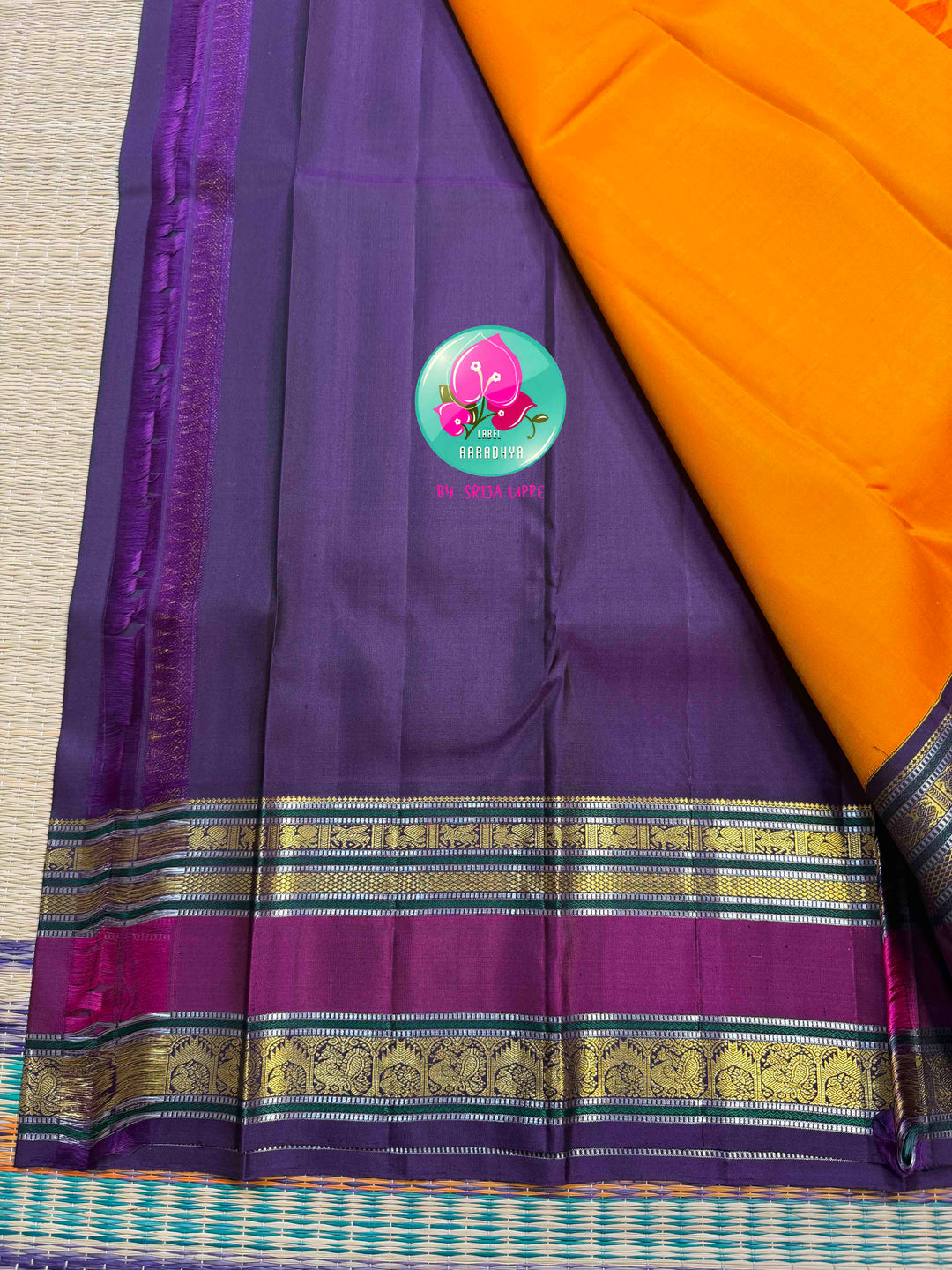 The Sovereign Sun: Saffron Orange pure 2G Kanchipattu Saree with Imperial Lion Pallu