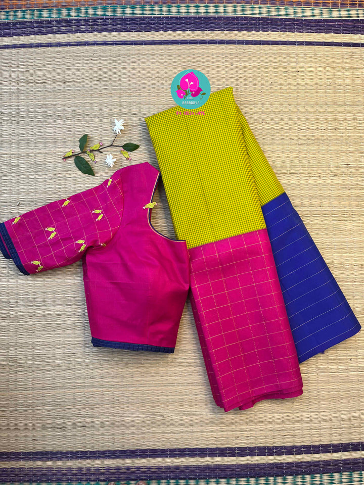 The Modern Madras: Checked Kanjivaram Saree in Chartreuse & Fuchsia with Ganga Jamuna Borders