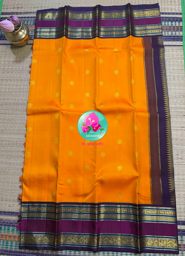 The Sovereign Sun: Saffron Orange pure 2G Kanchipattu Saree with Imperial Lion Pallu
