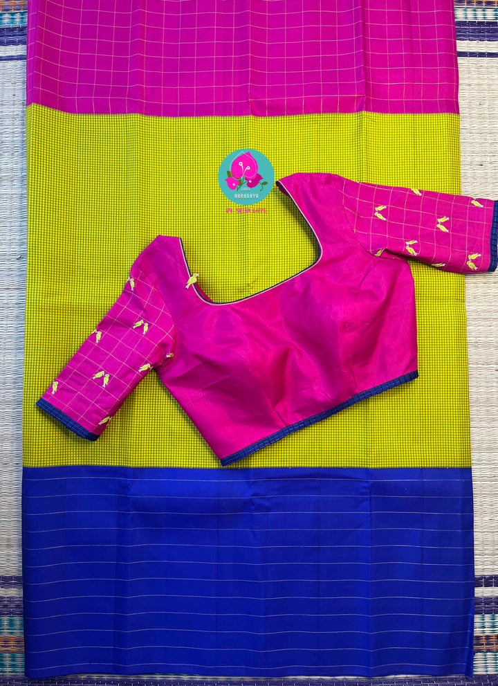 The Modern Madras: Checked Kanjivaram Saree in Chartreuse & Fuchsia with Ganga Jamuna Borders