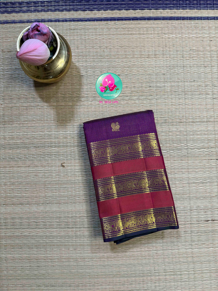 Violet Vaira Oosi: Pure Kanchipattu Saree with Checkered Crimson Grandeur