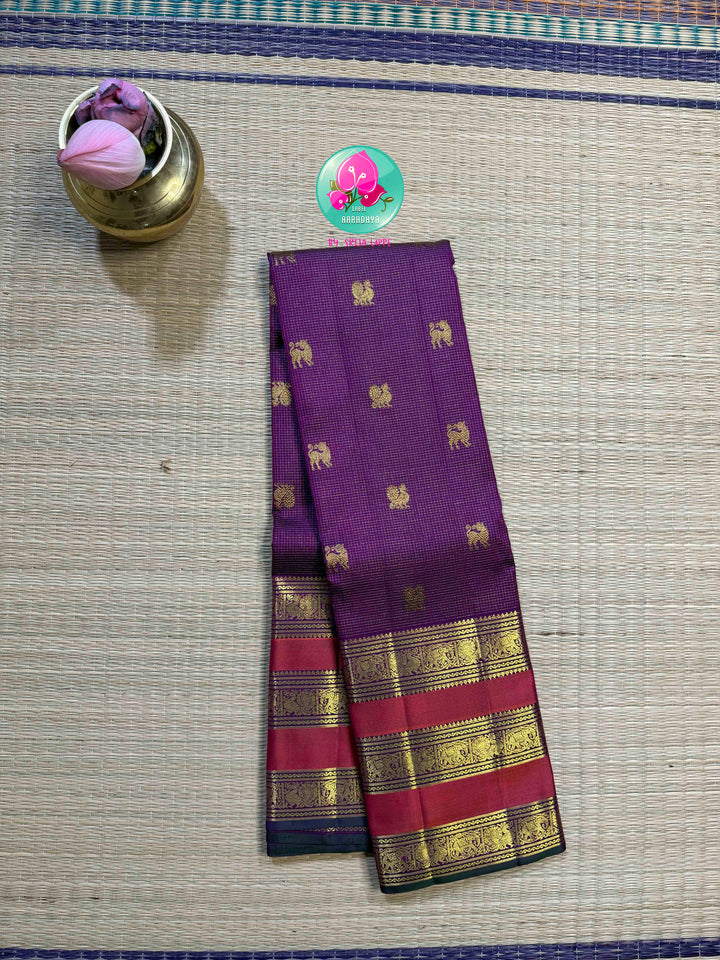 Violet Vaira Oosi: Pure Kanchipattu Saree with Checkered Crimson Grandeur
